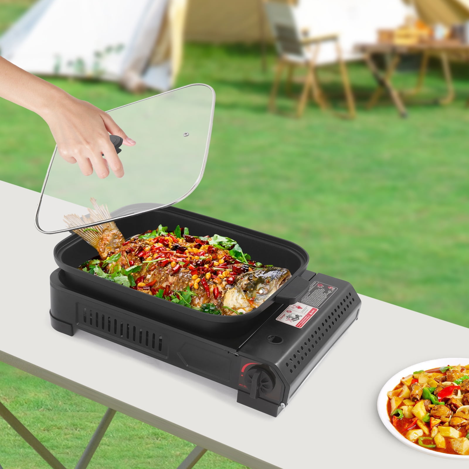 Rectangular Tabletop Modern Black Stove with Grill Pan and Lid Portable Gas Stove for Camping Trips