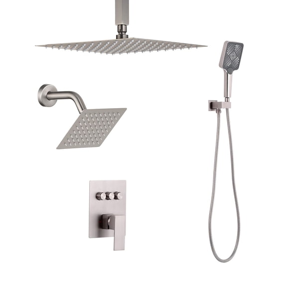 12 " Ceiling Rain Shower System with Wall Mounted Shower Head and 4-in-1 Handheld Sprayer,3-Function Dual Rainfall Shower Faucet Set in Brushed Nickel Finish