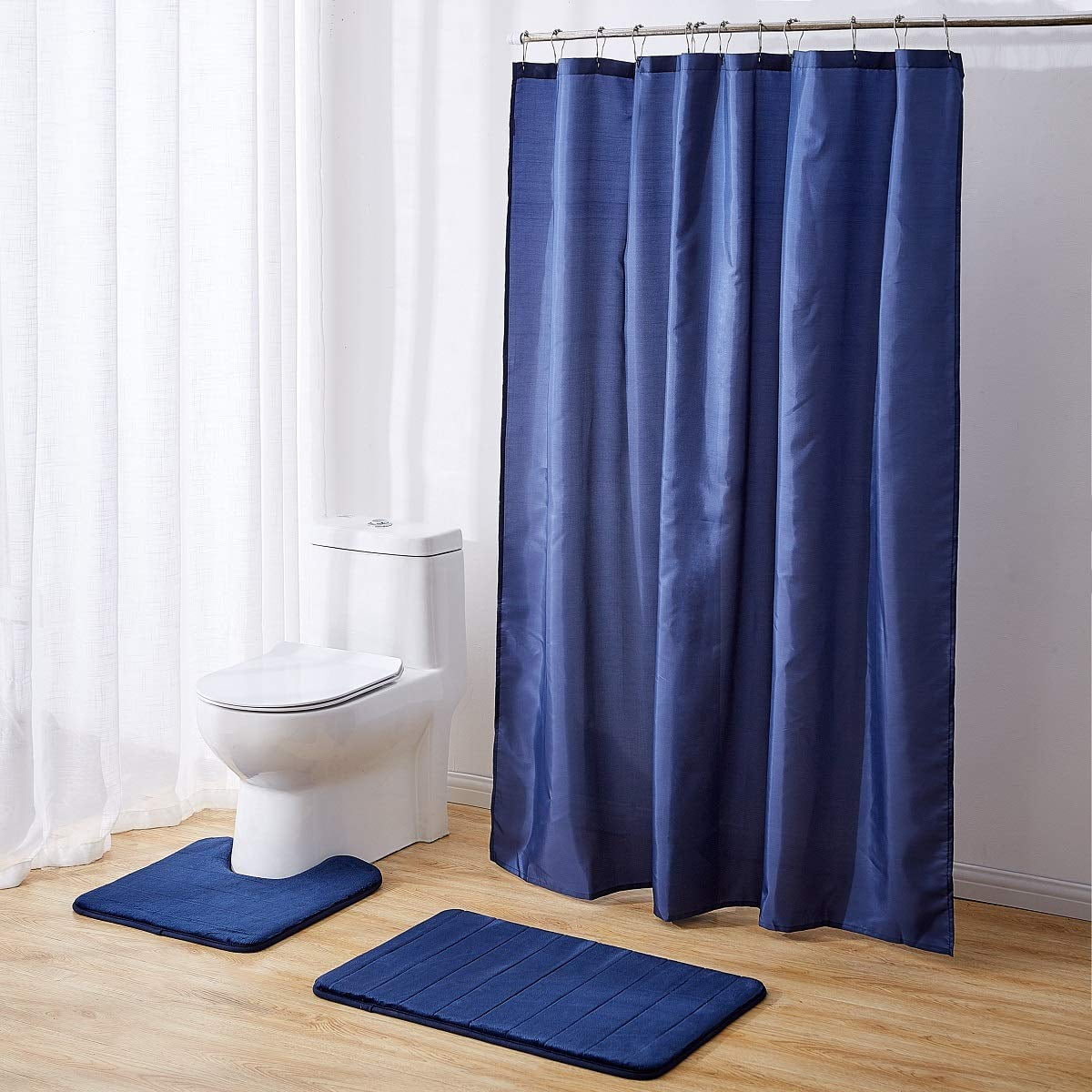 Memory Foam Bath Rug Set Solid Color Stripe Design Bathroom and Contour mat with Matching Shower Curtain and Metal Rings Choose from Burgundy/Navy/Purple/Brown (Navy)