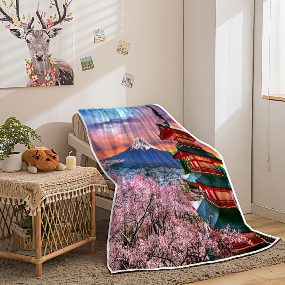 Japanese Throw Blanket, Anime Samurai Cherry Blossom Japanese Style