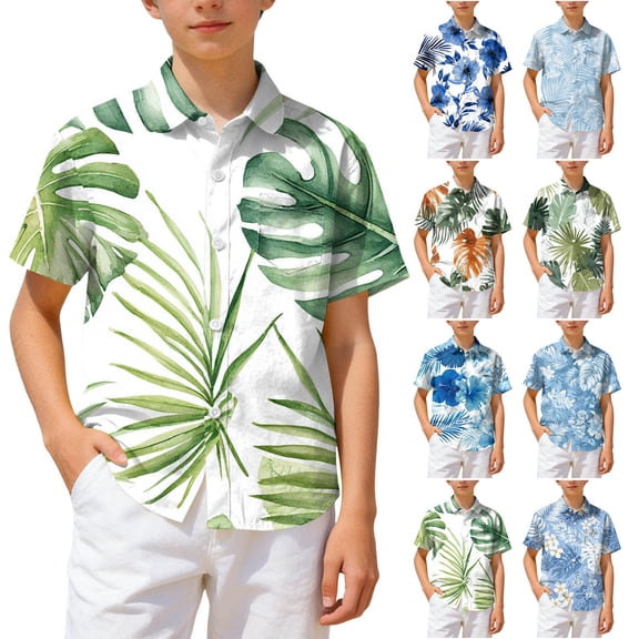 WUANDIXFA Boy's Button Down Hawaiian Shirt Short Sleeve, Kids Summer Beach Hawaiian Shirts for Boys for 7-14 Years (Green, 11-12 Years)