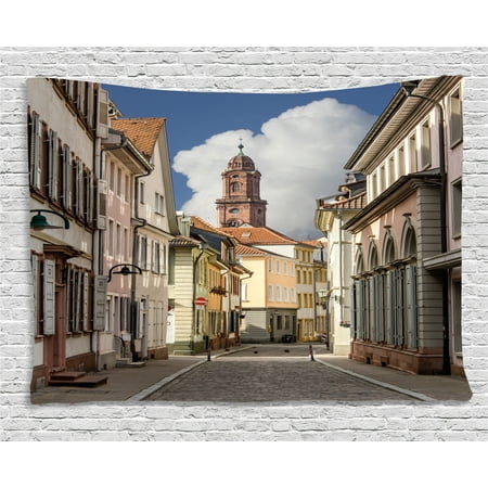 European Tapestry, Heidelberg Old City Streets Picturesque Town with Medieval Architect Panorama, Wall Hanging for Bedroom Living Room Dorm Decor, 60W X 40L Inches, Multicolor, by