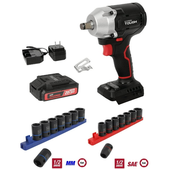 Hyper Tough 20V Max Brushless 1/2-inch Cordless Impact Wrench and 18-Piece SAE and Metric 1/2-inch Standard Drive Impact Socket Set