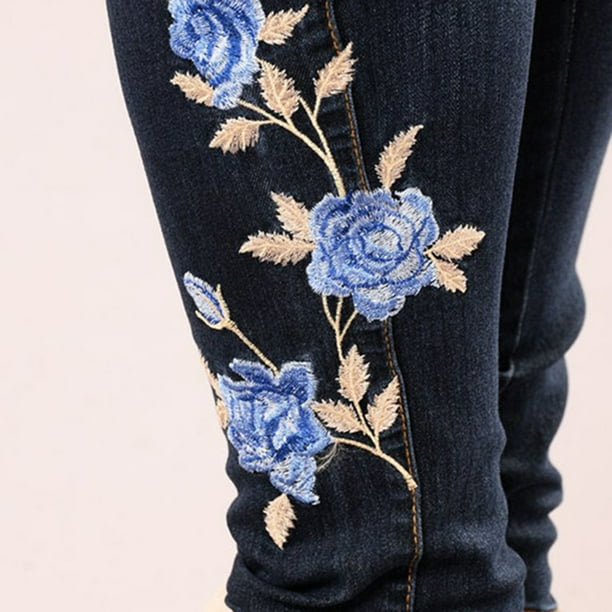 Jeans brod s de fleurs pour femmes taille haute Skinny Butt Lift Hip Fashion Pants Taille 3XL Bleu fonc
