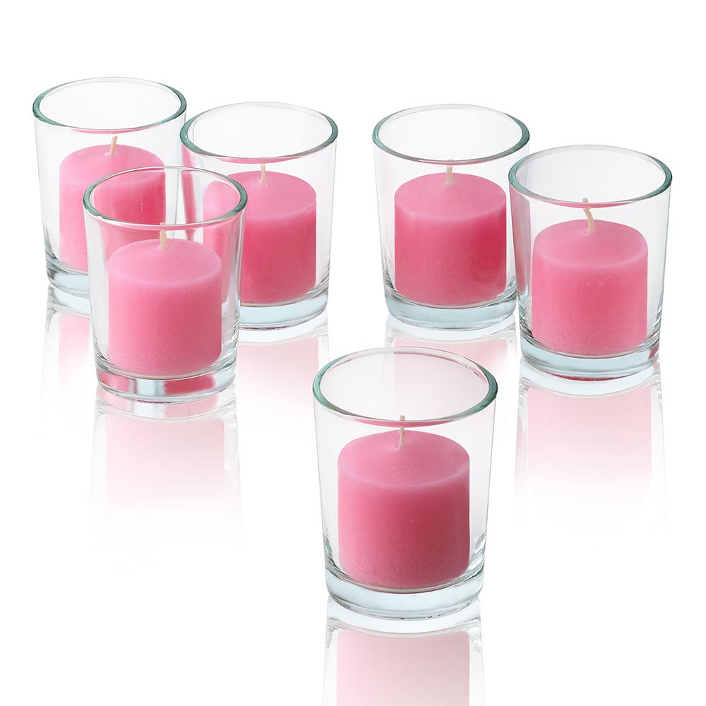 Clear Glass Round Votive Candle Holders with Soft Pink Votive Candles