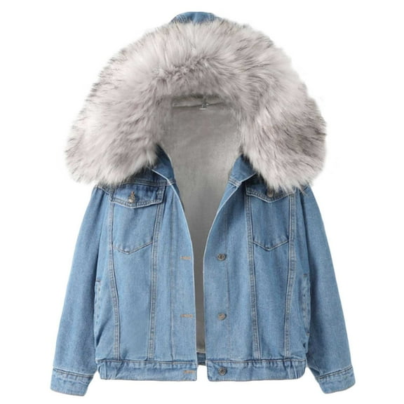 Lovskoo 2024 Women's Oversized Hooded Jacket Faux Fur Warm Denim Winter Overcoat Sherpa Lined Denim Qulited Jacket Jean Coat Gray