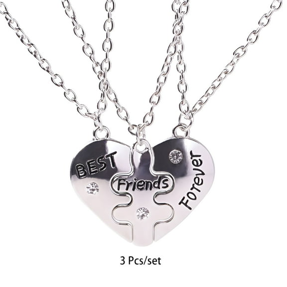 DESIGNICE 3 Pack Stainless Steel Sets of 3pcs Best Friends Forever Friendship Heart Puzzle Pendant Necklace, Silver, Gold, Black