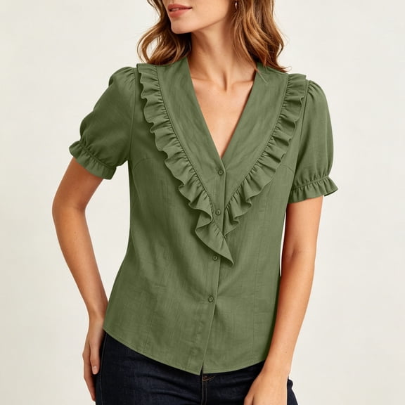 Babysbule Women's V-Neck Ruffle Collar Puff Short Sleeve Button Front Relaxed Fit Casual Blouse Everyday Top
