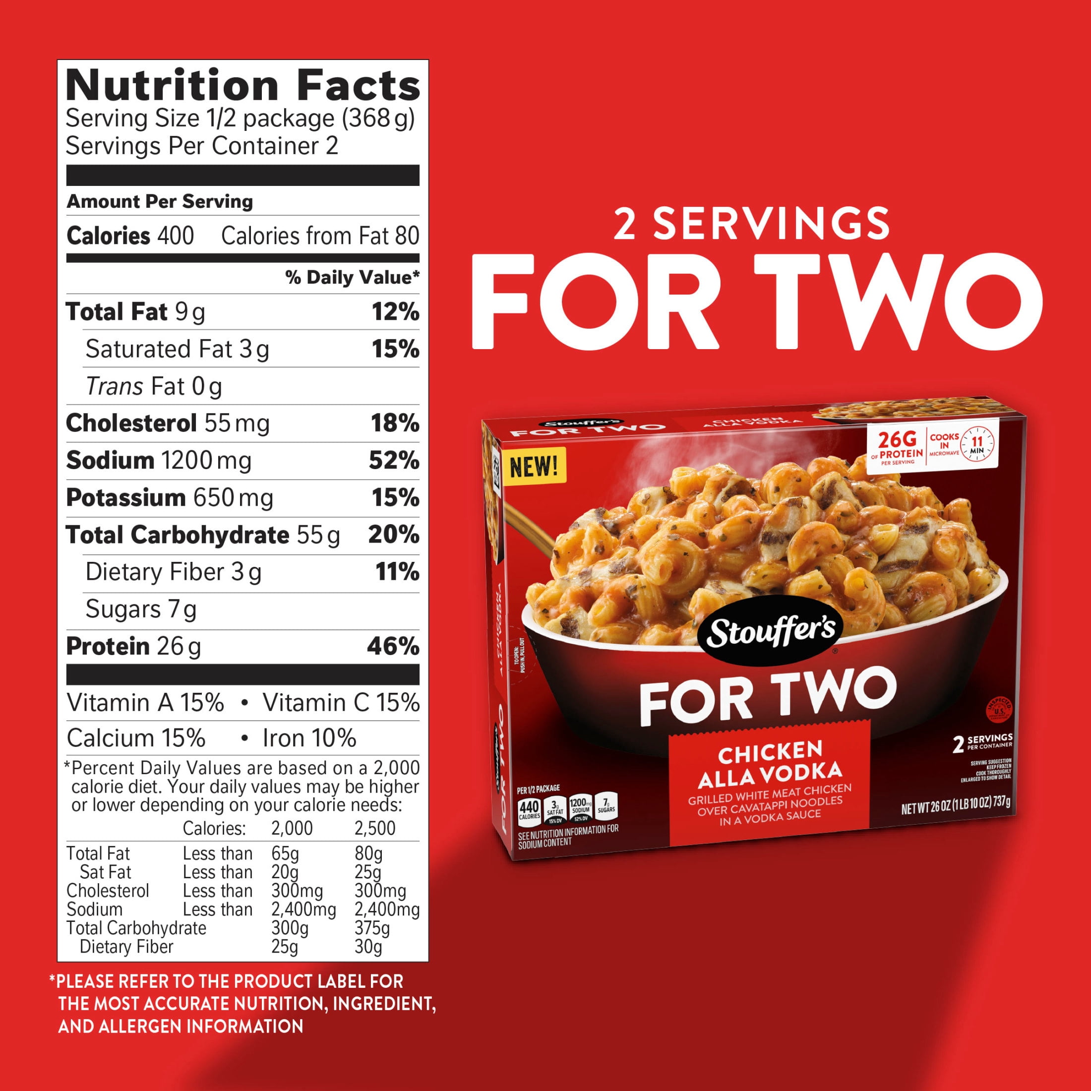 Stouffer's For Two Chicken Alla Vodka, Easy Frozen Meals For Two, Frozen Pasta Dinner 1.625 lb.