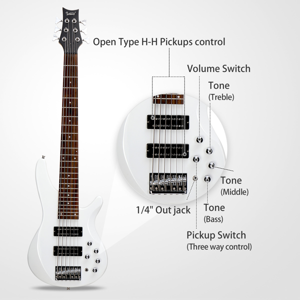 44 Inch GIB 6 String H-H Pickup Laurel Wood Fingerboard Bass Guitar with Bag and other Accessories White