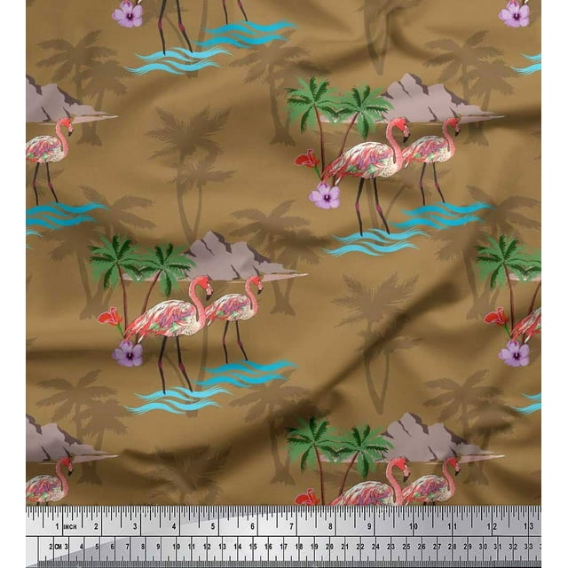 Soimoi Brown Rayon Crepe Fabric Palm Tree, & Flamingo Bird Print Sewing Fabric Yard 46 Inch Wide