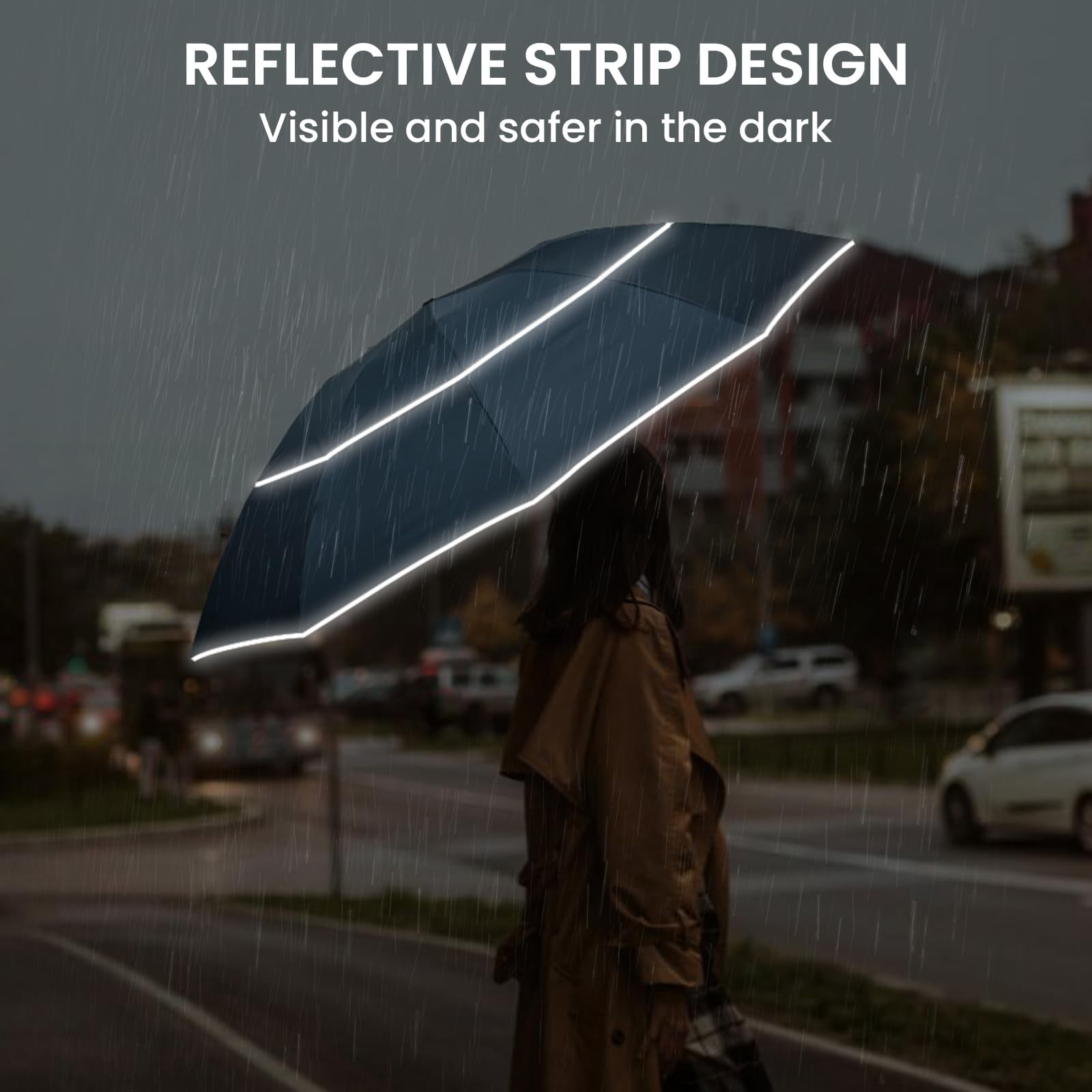 G4Free 54/62 inch Windproof Inverted Umbrella, Reflective Stripe Double Canopy, Automatic Open/Close, Compact for Travel, 10 Ribs Rain Protection