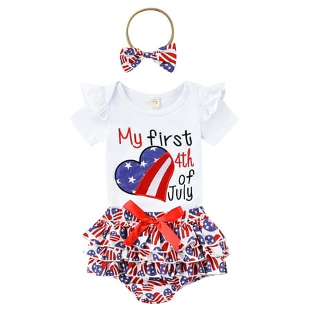 

Chollius 4th of July Newborn Baby Girl My 1st Independence Day Outfits Short Sleeve Embroidery Romper American Flag Shorts Summer 2Pcs Clothes Set