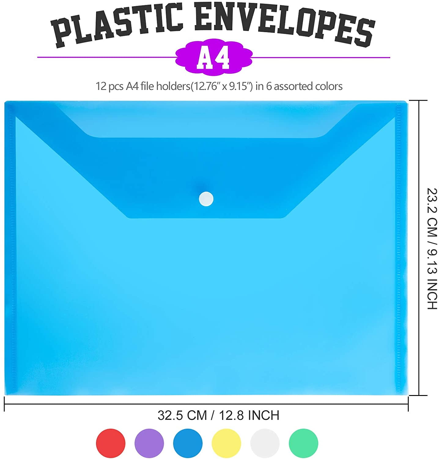 12 Pack Plastic Envelopes Poly Envelopes,A4 Clear File Bags Document Folders Document Organizers with Snap Button for Document Stationery Tools Organization, in 6 Assorted Colors