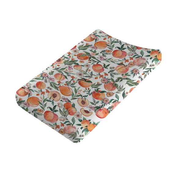 Baby Watercolor Peach Boho Floral Changing Pad Covers Vintage Peach Fruits Flowers Leaves Diaper Change Table Sheets for Boy Girl Soft Stretch Baby Changing Table Mats 32''x16''