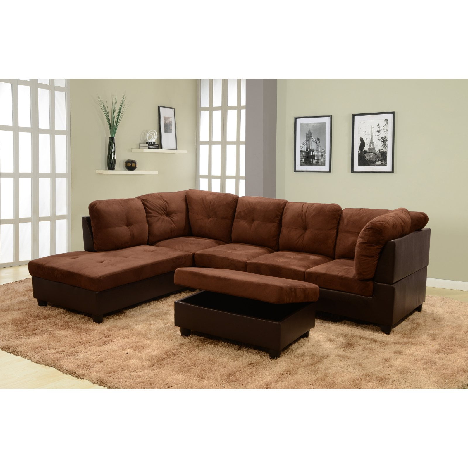Beverly Fine Furniture 3 Piece Chocolate Microfiber Faux Leather Sectional Sofa