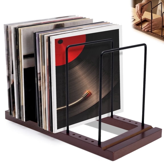 FVKRNYZ Vinyl Record Storage Holder, Wooden Record Stand for 50-75 LPs Tabletop Album Organizer Display with Now Playing Slot, Walnut Finish