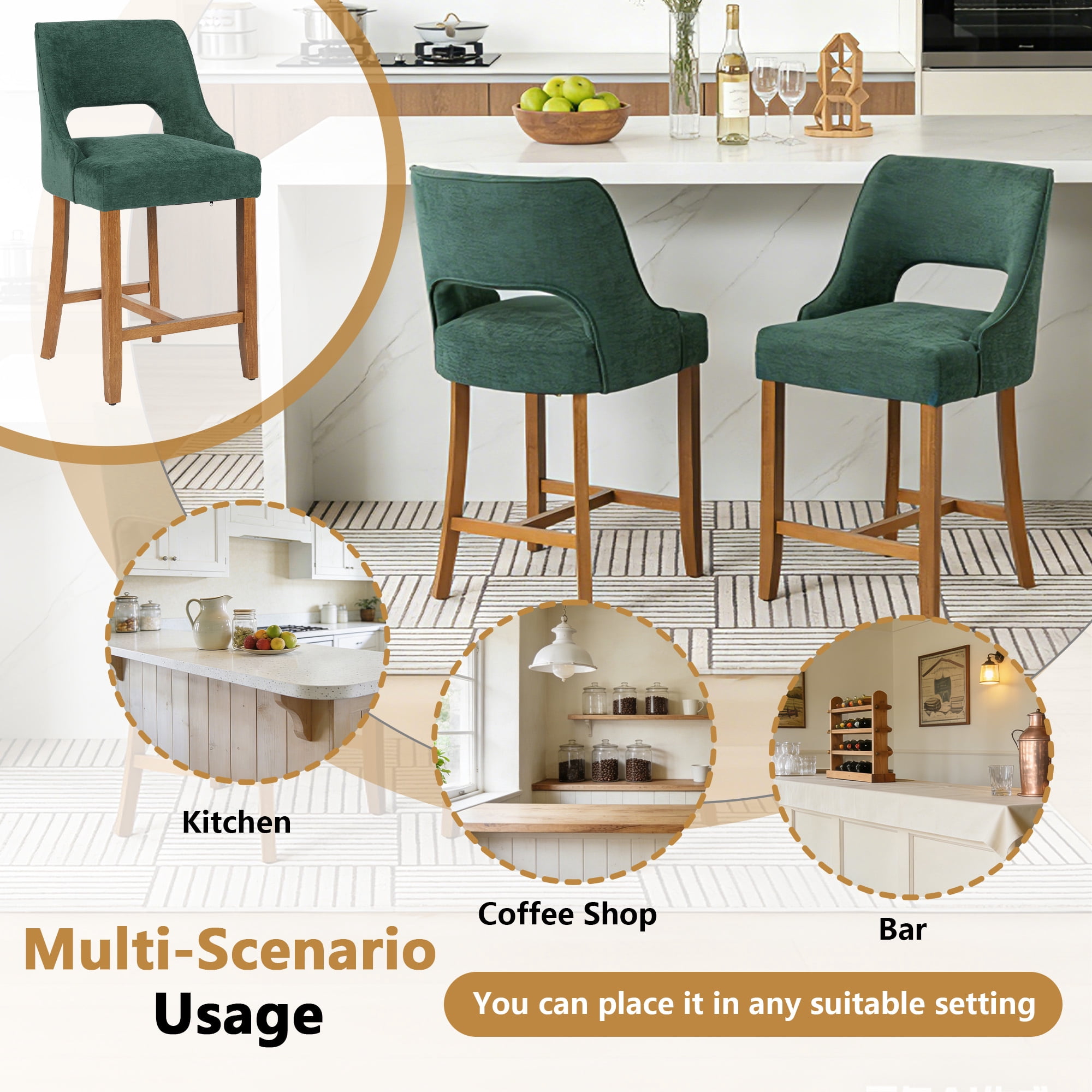 ClinQ Modern Counter Height Bar Stool Set of 1, Upholstered Seat with Back and Walnut H-Frame Footrest for Kitchen Island, Darkgreen