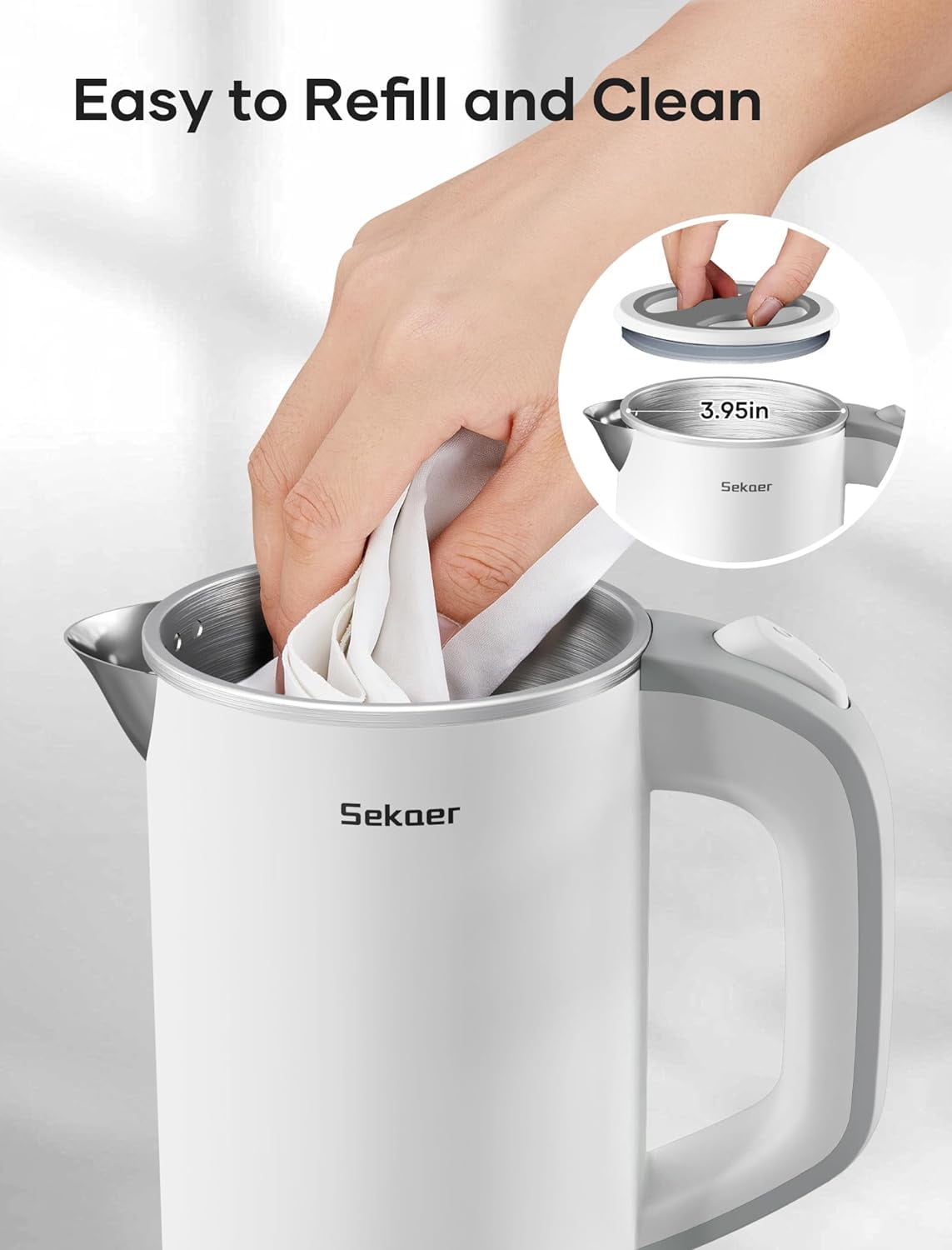 Sekaer Travel Electric Tea Kettle with Auto Shut-Off & Boil Dry Protection, 304 Stainless Steel Mini Portable Water Kettle, Fast Heating Coffee Kettle, Perfect Holiday Gifts White