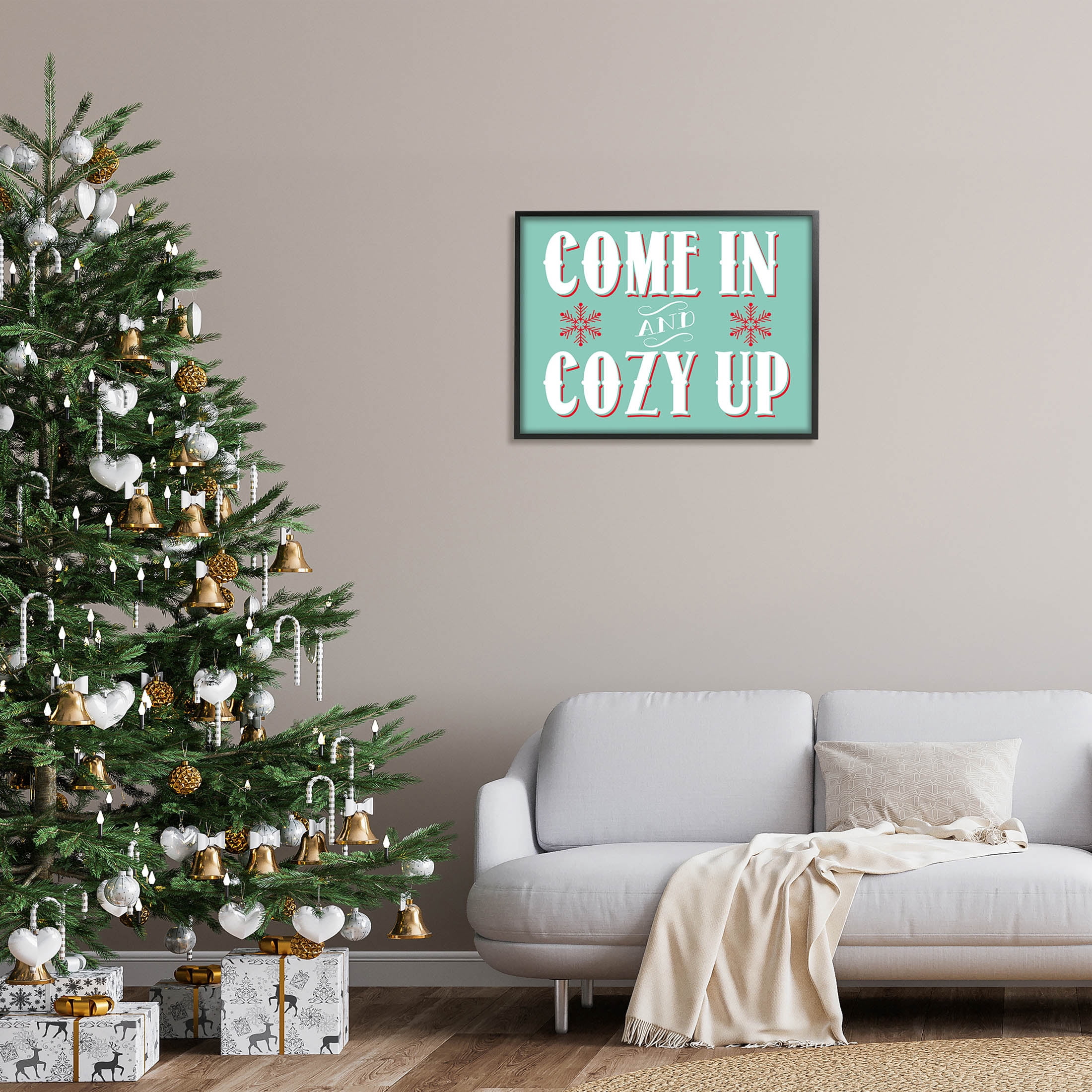 Come In & Cozy Up Snowflake Phrase Holiday Graphic Art Black Framed Art Print Wall Art
