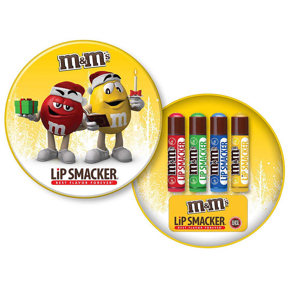 Lip Smacker M&M Holiday Lip Balm Tin, Chocolate Flavor, 4 Count