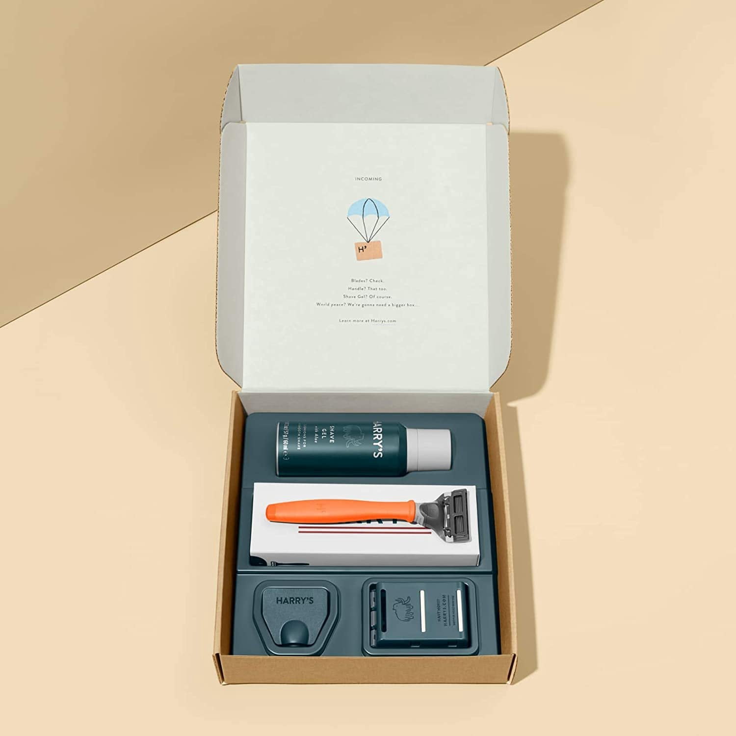 Harry's Razors for Men - Men's Razor Set with 5 Razor Blade Refills, Travel Blade Cover, 2 oz Shave Gel (Bright Orange) 1 ea