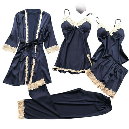 Puntoco Plus Size Nightdress Clearance Women s Lingerie Silk Lace Robe Dress Nightdress Nightgown Sleepwear Navy L(L)