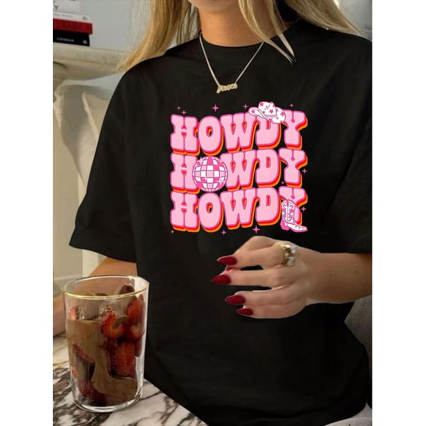 Women'S Vintage Style Crew Neck T-Shirt, Polyester Knit Fabric, Short Sleeve, Regular Length, with Geometric "Howdy Howdy Howdy" Print, for Summer Tee