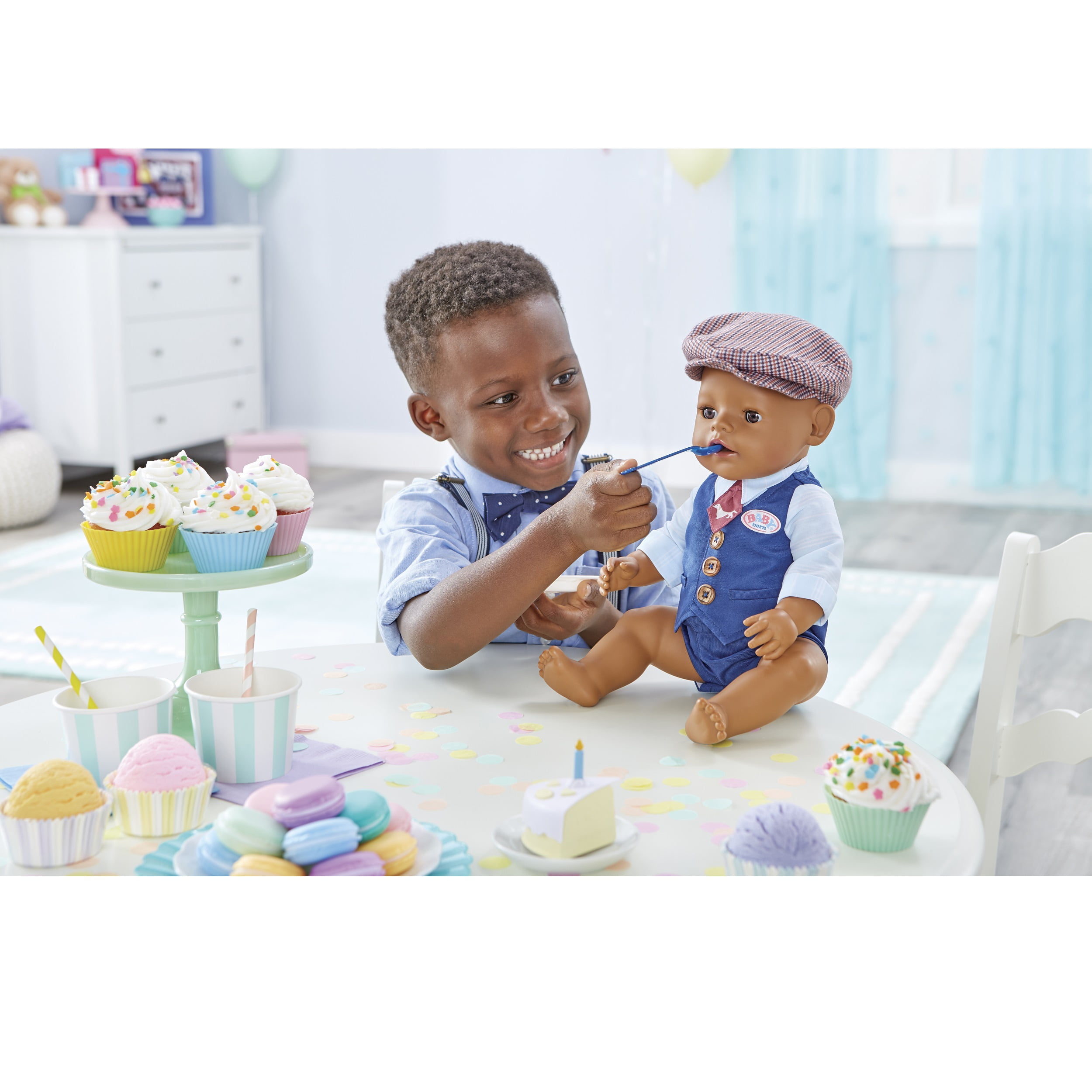Baby Born Interactive Boy Baby Doll Party Theme with Brown Eyes, 9 Ways to Nurture (Eats, Drinks, Cries, Sleeps, Bathes, and Wets), Toys for Toddlers and Preschool Boys and Girls 2 3 4+