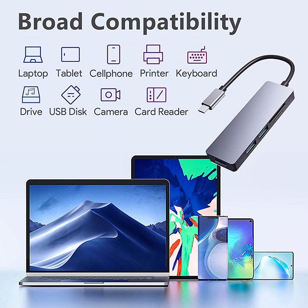 USB C Hub, 5 in 1 Type C Adapter Hub with 3 USB 3.0 Ports & SD/TF Card Reader Compatible for New MacBook Pro/Air, ChromeBook,Surface, Samsung S9/S8 and More