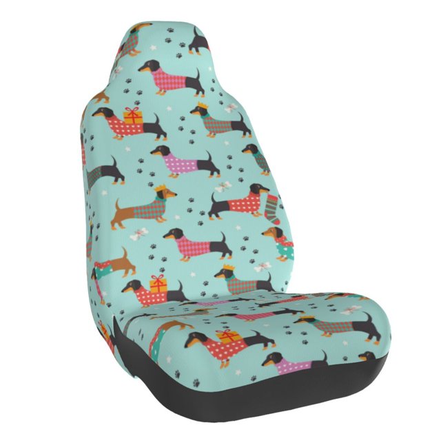 Wukai Christmas Dachshund Full Set Car Seat Covers with Soft Padding Universal Auto Front Seats Protector and Cushion Mat