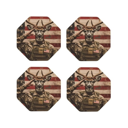 

Fuzoiu Patriotic Deer Soldier Salute Print Leather Coasters Set Drink Coasters Set of 4 for Tabletop Protection Durable PVC Coasters Home Décor and Housewarming Gift-Octagon