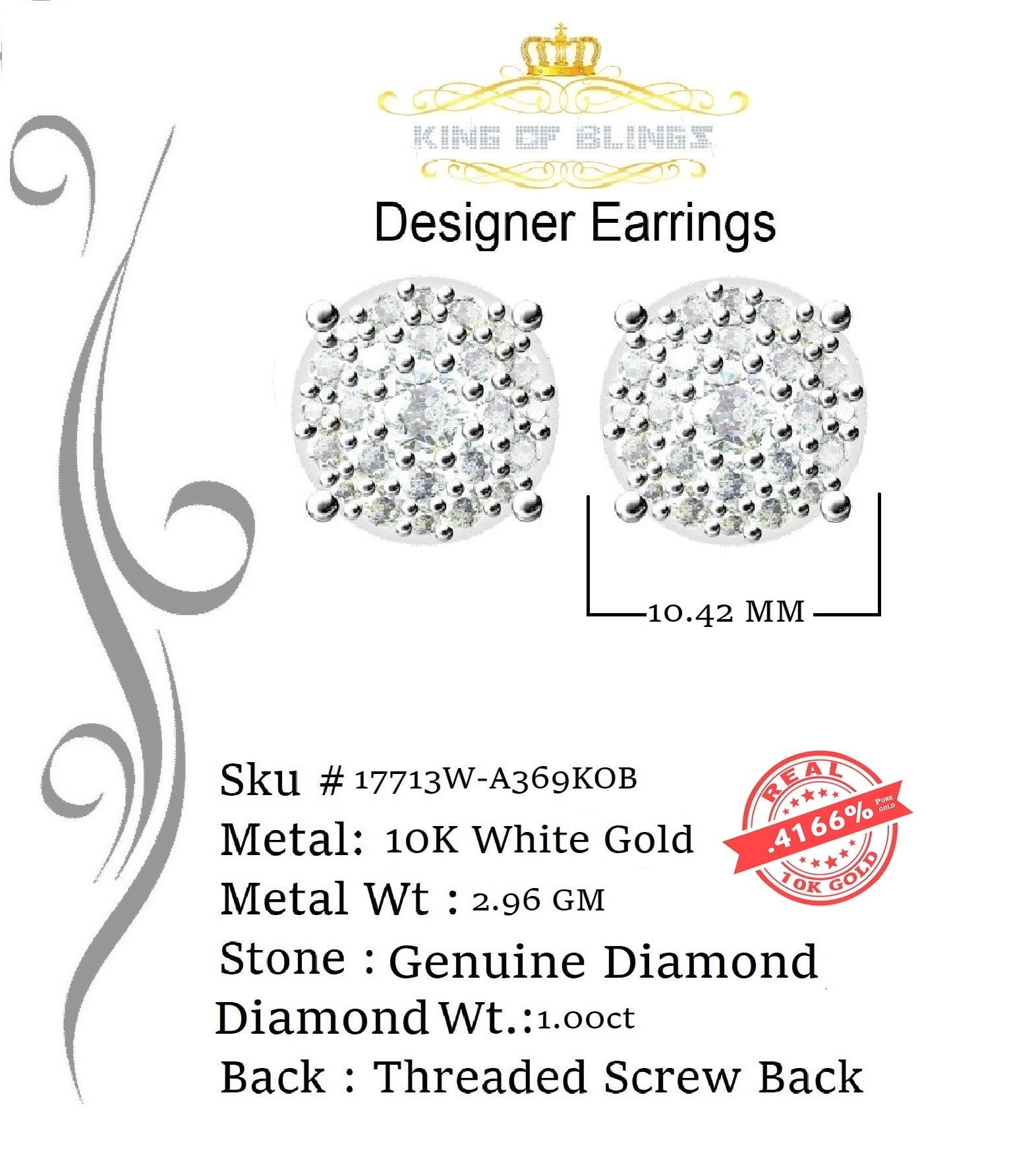 King of Bling's 10K Real White Gold with 1.00CT Real Diamond Men's/Women's Stud Earrings