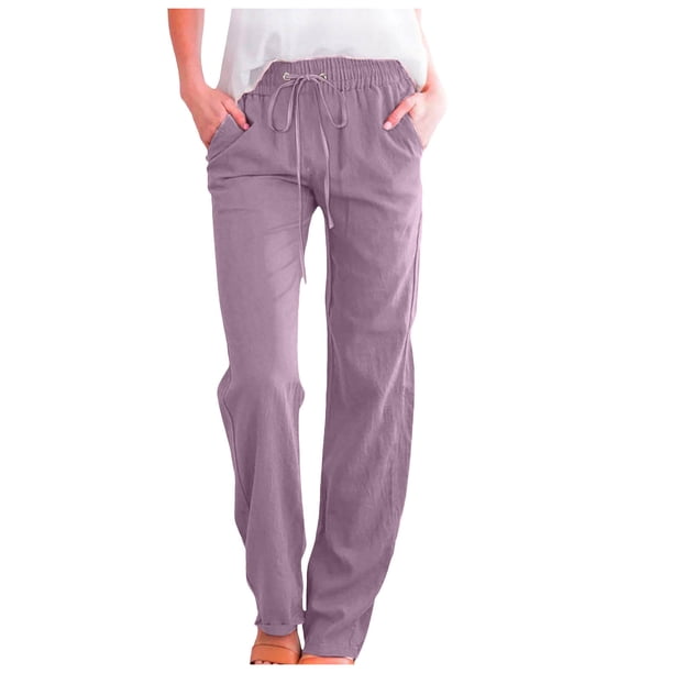 Pantalones de mujer de cintura alta y pierna ancha con cordón elástico - Poliéster, estilo informal, bolsillos - S-XXL