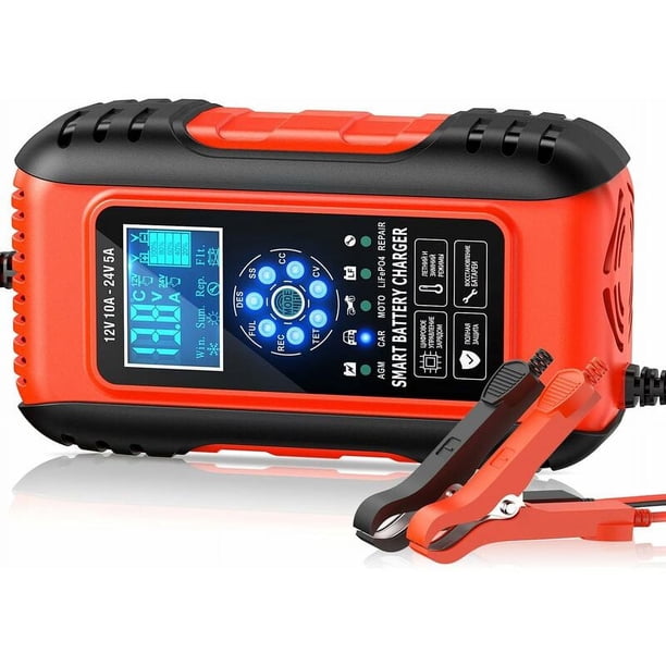 Cargador de batería inteligente 10A 12V/5A 24V, Cargador de Batería, Mantenedor y Reparación Automática Portátil con Pantalla LCD, para Automóvil, Motocicleta, Camión, AGM, Gel, Húmedo, SLA