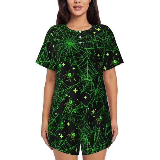 Balery Green Bright Web with Spiders Conjunto de Pijama para Mujer con Estampado, Dos Piezas de Manga Corta y Shorts, Ropa de Dormir Suave con Cuello Redondo y Bolsillos-Small