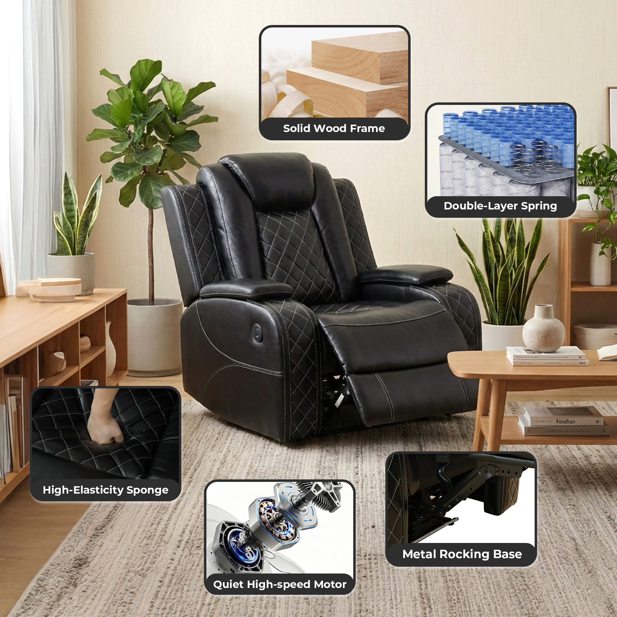 Alvantor Power Recliner Chair with USB Ports Leather Electric Home Theater Seating, Living Room Chair Black