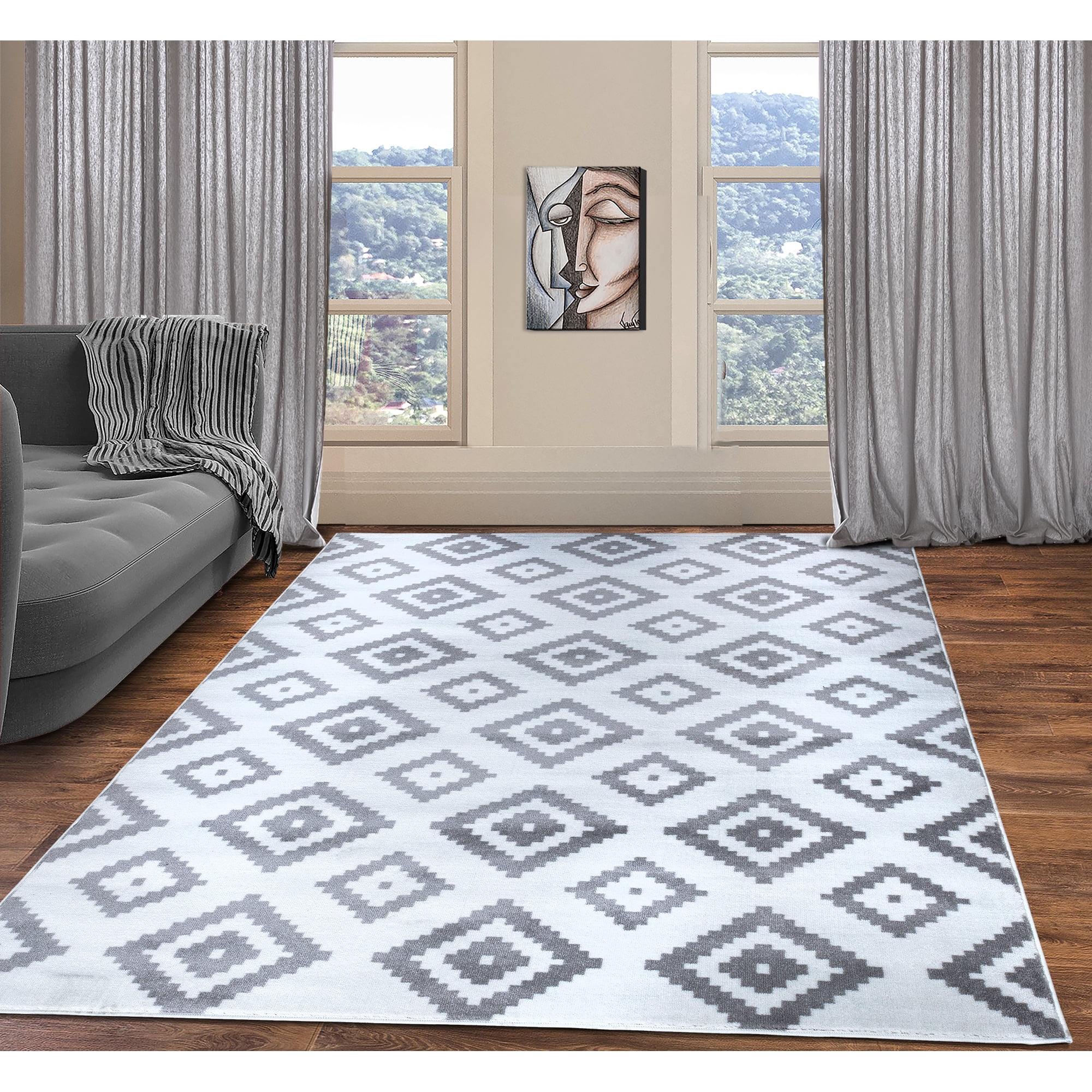 ASIinnsy Tapis Salon Moderne Abstrait Tapis Chambre Doux Grand Tapis de Salon Antidérapant à Poils Courts Tapis de Sol (Géométrique Gris Blanc, 200 x 300 cm