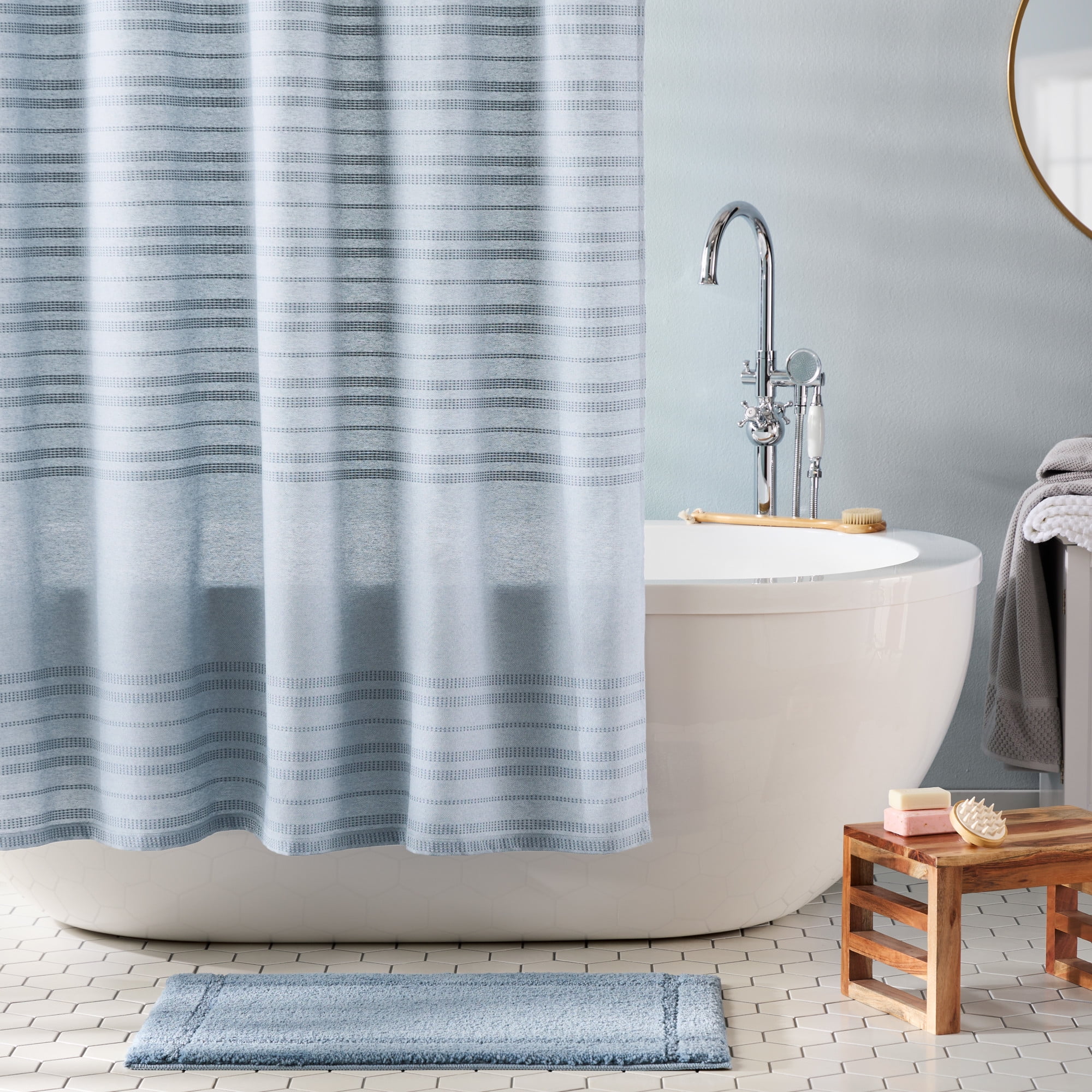 TOWN & COUNTRY EVERYDAY Sophia Textured Solid Cotton-Rich Breathable Fabric Shower Curtain with Reinforced Buttonhole Top Hem, Blue, 70"x72"
