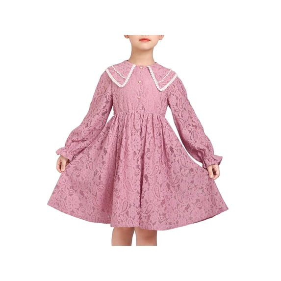 Girls Dress Dusty Rose Lace Sweet Vintage Pearl Button Long Sleeve 6 Years
