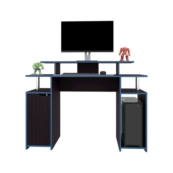 Depot E-Shop Hobart Gaming Desk, 1 Door, 6 Shelves, Black Wengue / Blue Edge