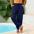 thumbnail image 6 of Tdoqot Mens Harem Pants with Pockets- Baggy Casual Drawstring Cotton Linen Elastic Waist Beach Pants Navy Size L, 6 of 9