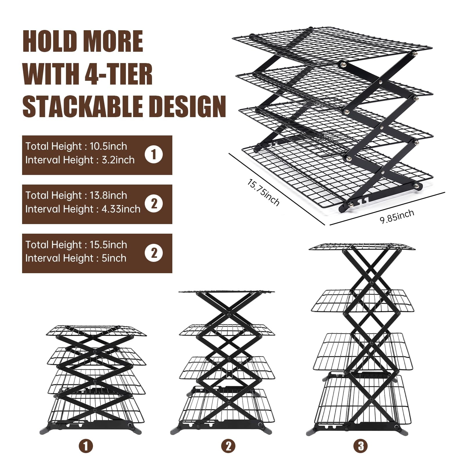 Upgraded Collapsible 4-Tier Cooling Rack, Adjustable Stackable Non-Stick Wire Rack for Baking, Roasting, Drying, Cookies, Cakes, Muffins, Space-Saving, Gifts for Baking Enthusiasts