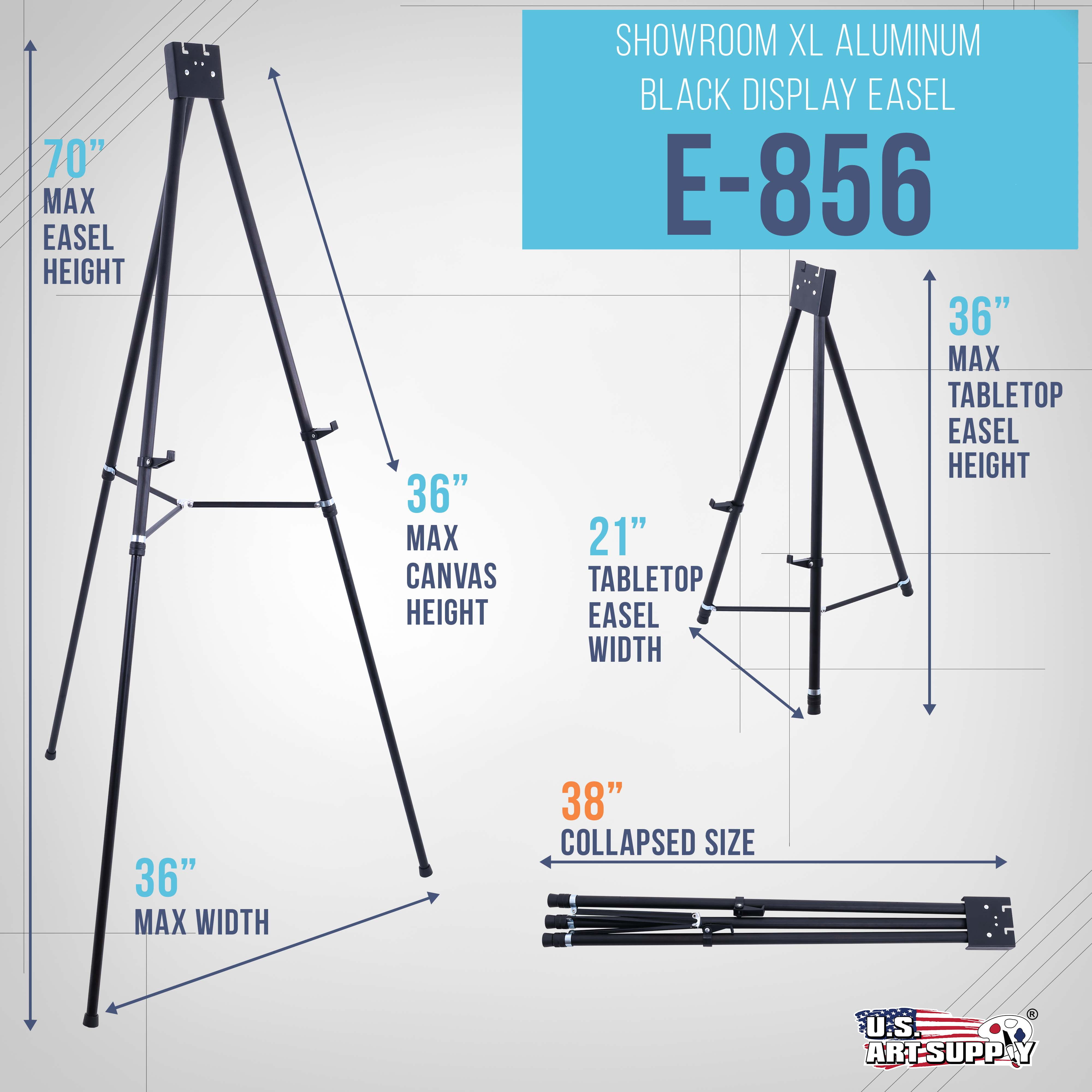 U.S. Art Supply 70" High Showroom XL Aluminum Display Easel, Holds 45 lb Extra Large Black Presentation Stand Adjustable