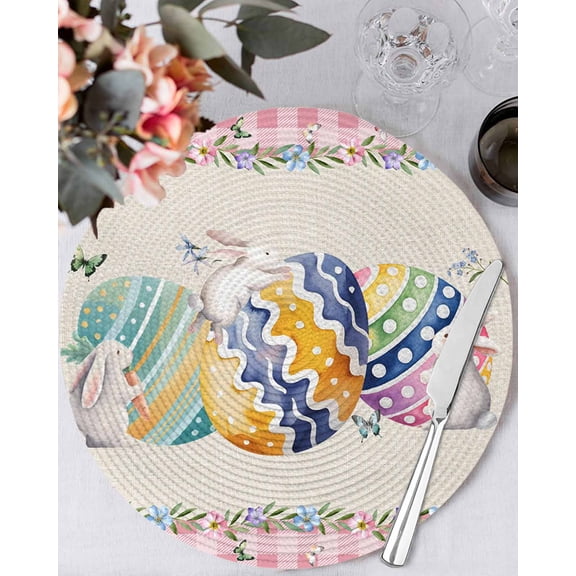 15 Inch Round Placemats Set of 6, Easter Eggs Non Slip Heat Insulation PP Table Mats, Spring Rabbit Butterfly Floral Leaf Pink Plaid Washable Place Mats for Kitchen Dining Party Table Decor