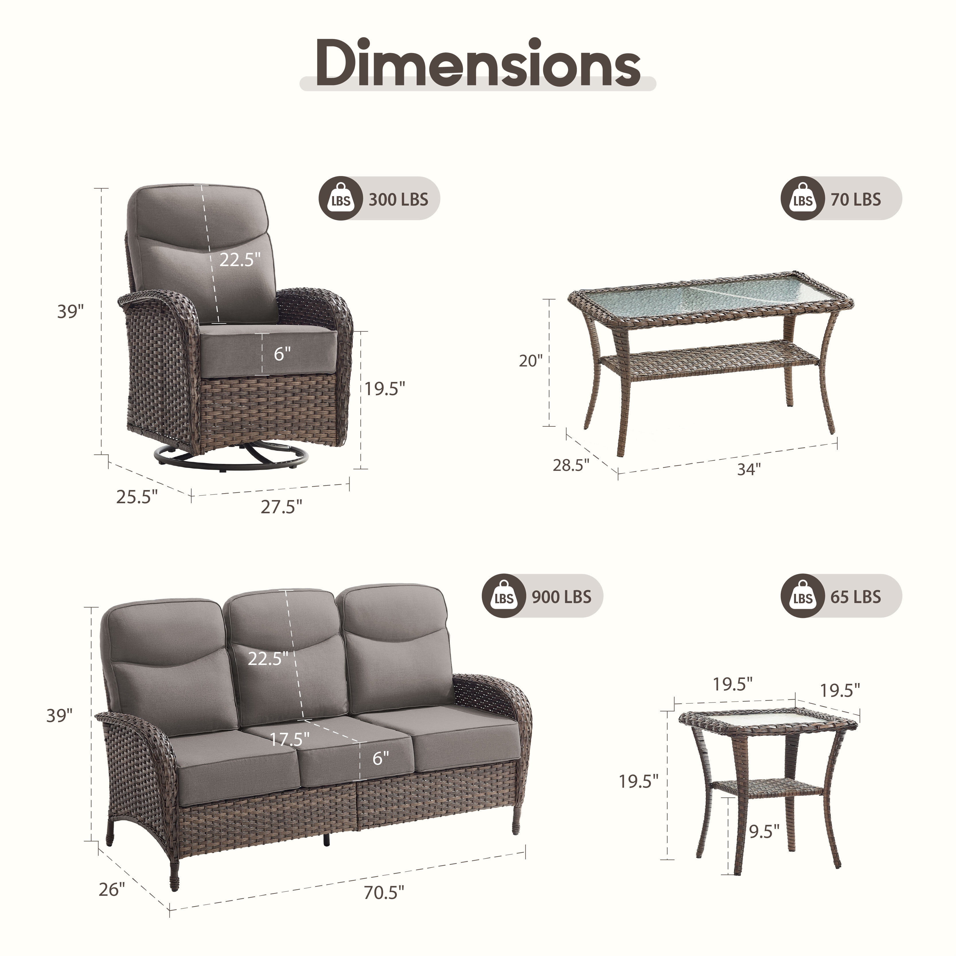 Bellefurn Luxury 5-Piece Patio Furniture Sets with 6-Inch Thick Cushions,High Back Wicker Swivel Rocker Patio Chairs,Couch and Coffee Table,All-Weather Conversation Set for Porch Deck Yard Pool