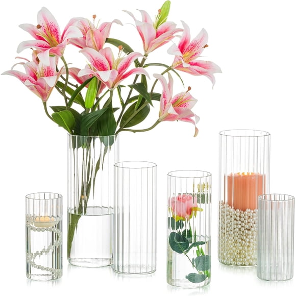 Inweder Glass Cylinder Vases for Centerpieces - Set of 6 Tall Clear Vase, Glass Candle Holders for Pillar Candles, Hurricane Candle Holder, Floating Candle Vases for Wedding, Home Decor, 6, 7.8, 10''