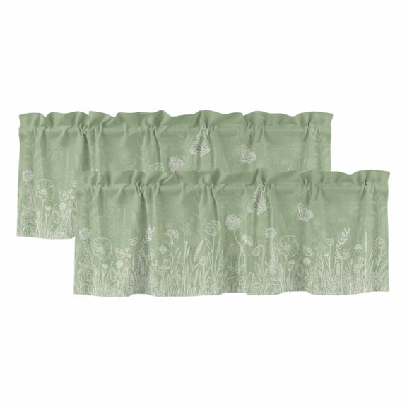 2 Pack Sage Green Wildflowers Valances for Windows Bedroom Living Room Window Treatments, Modern Floral Butterfly Plant Rod Pocket Valance Drapes Short Kitchen Curtains Over Sink 60"x18"