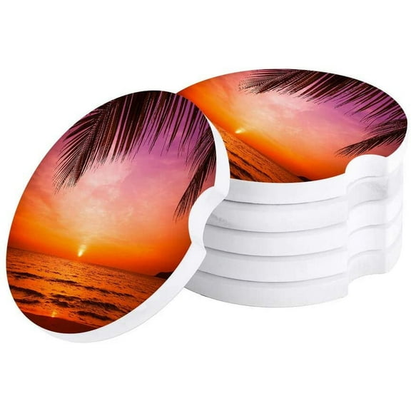 ZHANZZK Sunset Beach Set of 2 Car Coaster for Drinks, Absorbent Ceramic Stone Coasters Cup Mat with Cork Base for Home Kitchen Room Coffee Table Bar Decor