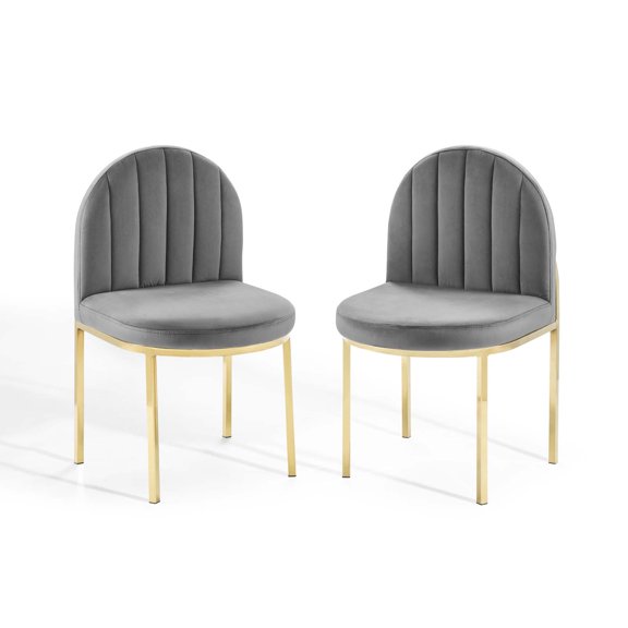 Side Dining Chair, Set of 2, Velvet, Gold Grey Gray, Modern Contemporary Urban Design, Kitchen Room Cafe Bistro Restaurant Hospitality